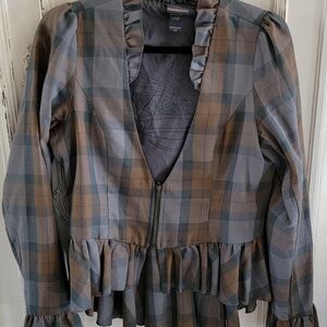Hot Topic Plaid Ruffled Peplum Blazer in Gray and Brown